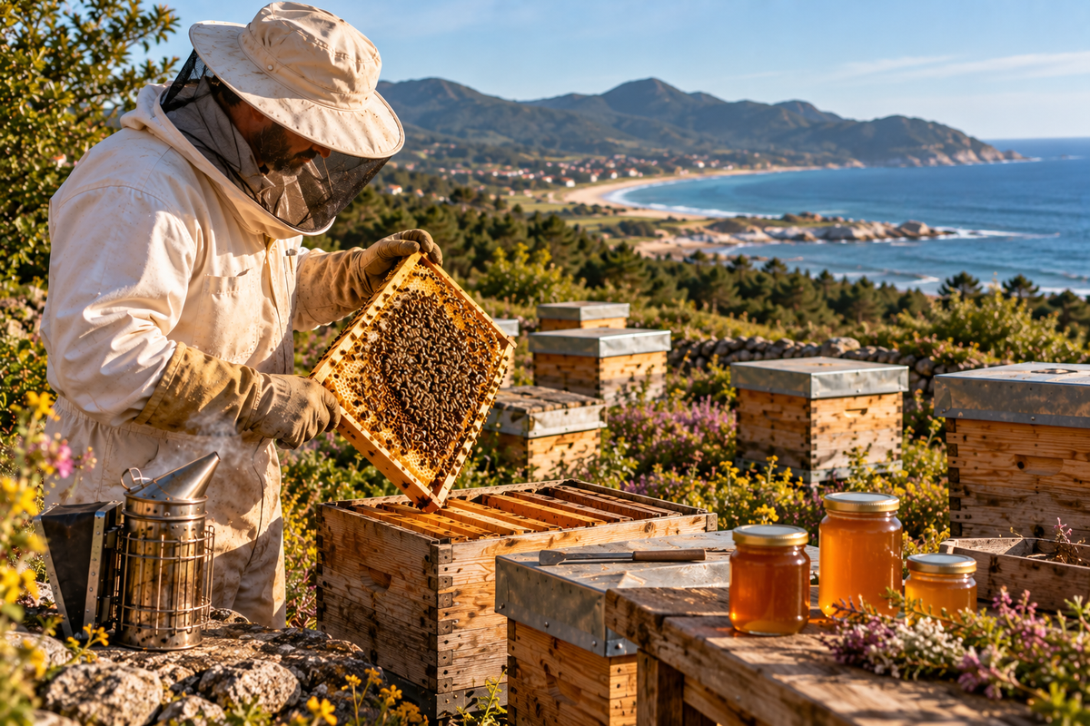 Texto ALT:  Colmenar en un entorno rural de Galicia con varias colmenas entre vegetación natural, representando la apicultura de hobby, autoconsumo y profesional.