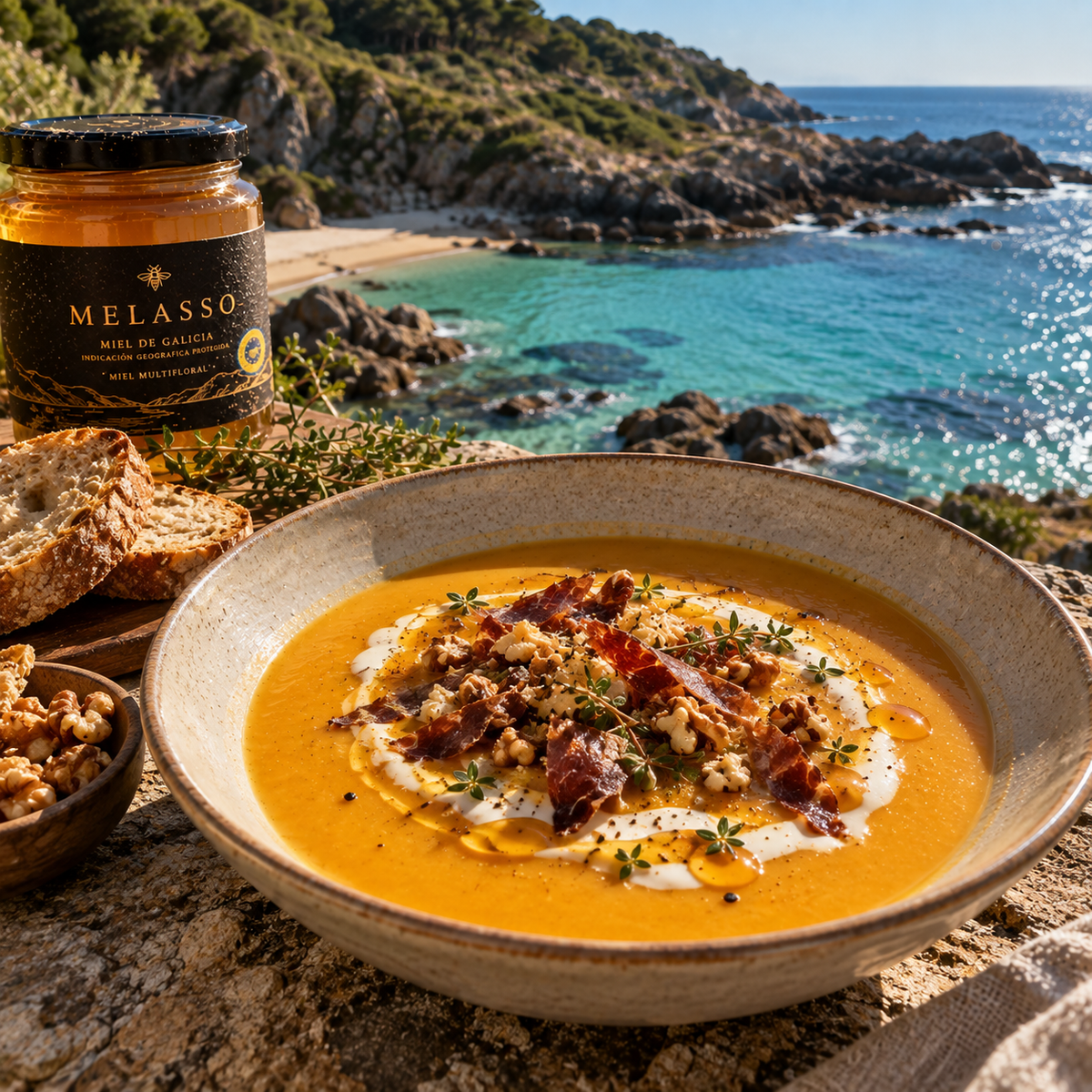 🍵 Crema de calabaza asada con miel MELASSO, nueces y jamón crujiente