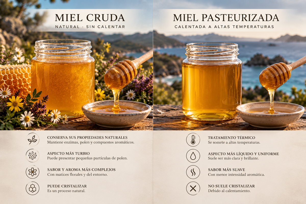 Comparativa visual entre miel cruda y miel pasteurizada